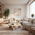 Interior design of modern Scandinavian apartment, living room 3d rendering Royalty Free Stock Photo