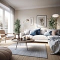 Interior design of modern Scandinavian apartment, living room 3d rendering Royalty Free Stock Photo