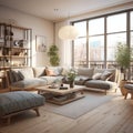 Interior design of modern Scandinavian apartment, living room 3d rendering Royalty Free Stock Photo