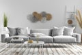 Interior design of modern scandinavian apartment, living room with gray sofa 3d rendering Royalty Free Stock Photo