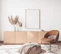 Interior design of modern Scandinavian apartment, living room in neutral colors, 3D rendering Royalty Free Stock Photo