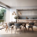 Interior design of modern Scandinavian dining room, wooden table and blue chairs 3d rendering Royalty Free Stock Photo