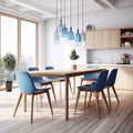 Interior design of modern Scandinavian dining room, wooden table and blue chairs 3d rendering Royalty Free Stock Photo