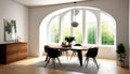 Interior design of modern small dining room with arched window