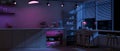 Interior design of a modern spacious dark kitchen at night with RGB neon light Royalty Free Stock Photo