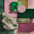 Interior design mood board featuring various materials and colors, including stone, fabric, and paint samples Royalty Free Stock Photo