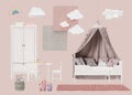 Interior design mood board with isolated modern childs room furniture, home accessories, materials. Furniture store Royalty Free Stock Photo