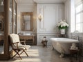 Interior design of neoclassical bathroom with rustic furniture