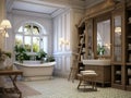 Interior design of neoclassical bathroom with rustic furniture