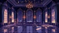 Interior design of a night ballroom. Modern illustration of a dark royal palace with many stars in the midnight sky Royalty Free Stock Photo
