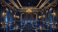 Interior design of a night ballroom. Modern illustration of a dark royal palace with numerous stars on the night sky Royalty Free Stock Photo