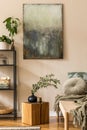 Interior design of oriental style living room with modern chaise longue, shelf, wooden cube, pillow, plaid, flowers.