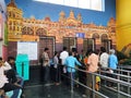 Bangalore, Karnataka/India-Feb 10 2020: Interior Design of Pandavapura Railway Station Ticket Counter and People in the Queue to P