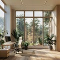 Interior Design, a perspective of a study, modernist, large windows with natural light, Light colors, plants, modern furniture