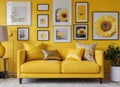 Interior design with photoframes and yellow couch