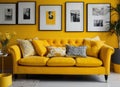 Interior design with photoframes and yellow couch