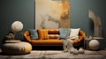 Neutral Living Room With Brown Leather Sofa And Art