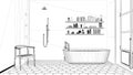 Interior design project, black and white ink sketch, architecture blueprint showing classic bathroom Royalty Free Stock Photo