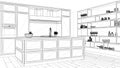 Interior design project, black and white ink sketch, architecture blueprint showing classic kitchen in modern luxury apartment Royalty Free Stock Photo