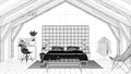 Interior design project, black and white ink sketch, architecture blueprint showing contemporary bedroom, attic loft