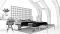 Interior design project, black and white ink sketch, architecture blueprint showing contemporary bedroom, attic loft, classic