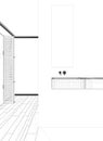 Interior design project, black and white ink sketch, architecture blueprint showing minimalist bathroom with sink and window Royalty Free Stock Photo