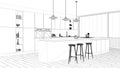 Interior design project, black and white ink sketch, architecture blueprint showing minimalist kitchen with island and big panoram