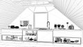 Interior design project, black and white ink sketch, architecture blueprint showing modern attic
