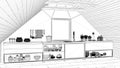 Interior design project, black and white ink sketch, architecture blueprint showing modern attic