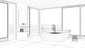 Interior design project, black and white ink sketch, architecture blueprint showing modern bathroom Royalty Free Stock Photo