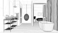 Interior design project, black and white ink sketch, architecture blueprint showing modern bathroom with bathtub Royalty Free Stock Photo