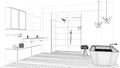 Interior design project, black and white ink sketch, architecture blueprint showing modern bathroom with bathtub and shower Royalty Free Stock Photo