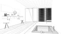 Interior design project, black and white ink sketch, architecture blueprint showing modern bathroom Royalty Free Stock Photo