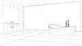 Interior design project, black and white ink sketch, architecture blueprint showing modern bathroom with big window Royalty Free Stock Photo