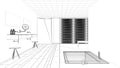 Interior design project, black and white ink sketch, architecture blueprint showing modern bathroom Royalty Free Stock Photo