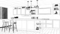 Interior design project, black and white ink sketch, architecture blueprint showing modern kitchen, island with stools and Royalty Free Stock Photo