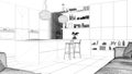 Interior design project, black and white ink sketch, architecture blueprint showing modern kitchen with shelves and cabinets, isla Royalty Free Stock Photo