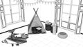 Interior design project, black and white ink sketch, architecture blueprint showing modern nursery child bedroom with toy tent Royalty Free Stock Photo