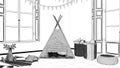 Interior design project, black and white ink sketch, architecture blueprint showing modern nursery child bedroom with toy tent Royalty Free Stock Photo