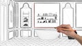 Interior design project concept, hand drawing custom architecture, black and white ink sketch, blueprint showing classic bathroom Royalty Free Stock Photo