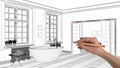 Interior design project concept, hand drawing custom architecture, black and white ink sketch, blueprint showing classic bathroom Royalty Free Stock Photo