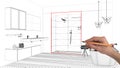 Interior design project concept, hand drawing custom architecture, black and white ink sketch, blueprint showing modern bathroom Royalty Free Stock Photo