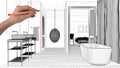 Interior design project concept, hand drawing custom architecture, black and white ink sketch, blueprint showing modern bathroom Royalty Free Stock Photo