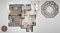 Interior design project with feng shui consultancy, home apartment flat plan, top view with bagua and tao symbol, yin and yang