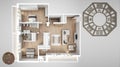 Interior design project with feng shui consultancy, home apartment flat plan, top view with bagua and tao symbol, yin and yang