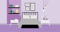 Interior design of purple bedroom with furniture, Vector illustration