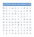 Interior design and renovation outline icons collection. Decorating, Furnishing, Upholstery, Wallcovering, Lighting