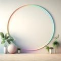 Interior design with round rainbow frame on the wall and modern plants, 3d render mockup concept, generative ai Royalty Free Stock Photo