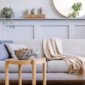 Interior design of scandinavian living room with stylish grey sofa, coffee table, tropical plant, mirror, decoration, pillows.