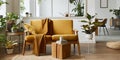 Interior design of scandinavian open space with yellow velvet sofa, plants, furniture, book, wooden cube and personal accessories.